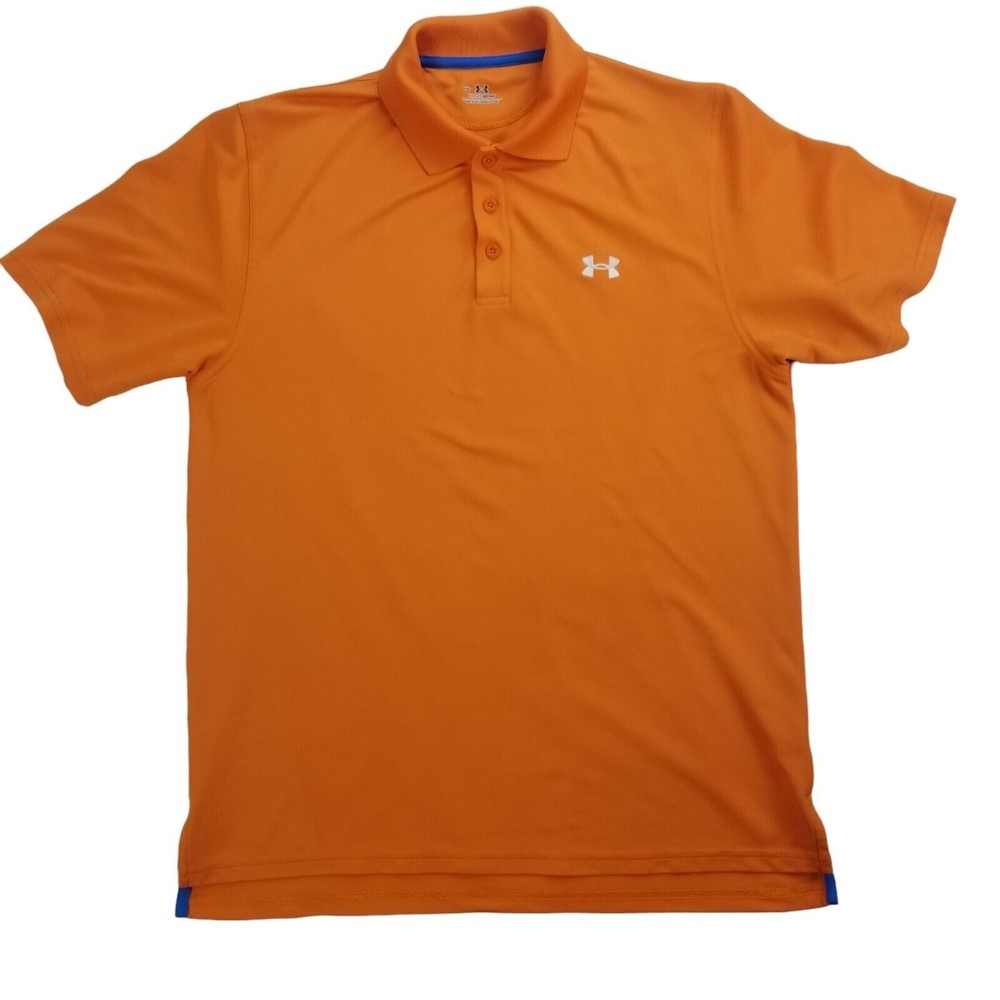 Under Armour Heat Gear Polo Shirt Mens Sz M /  MD Orange Striped Short Sleeve